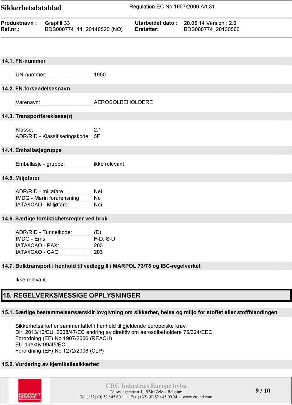 Særlige forsiktighetsregler ved bruk ADR/RID - Tunnelkode: (D) IMDG - Ems: F-D, S-U IATA/ICAO - PAX: 203 IATA/ICAO - CAO 203 14.7.