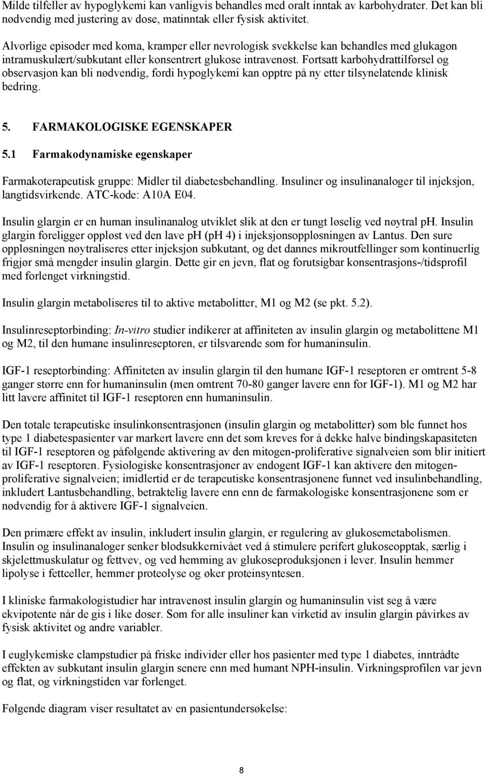 Fortsatt karbohydrattilførsel og observasjon kan bli nødvendig, fordi hypoglykemi kan opptre på ny etter tilsynelatende klinisk bedring. 5. FARMAKOLOGISKE EGENSKAPER 5.