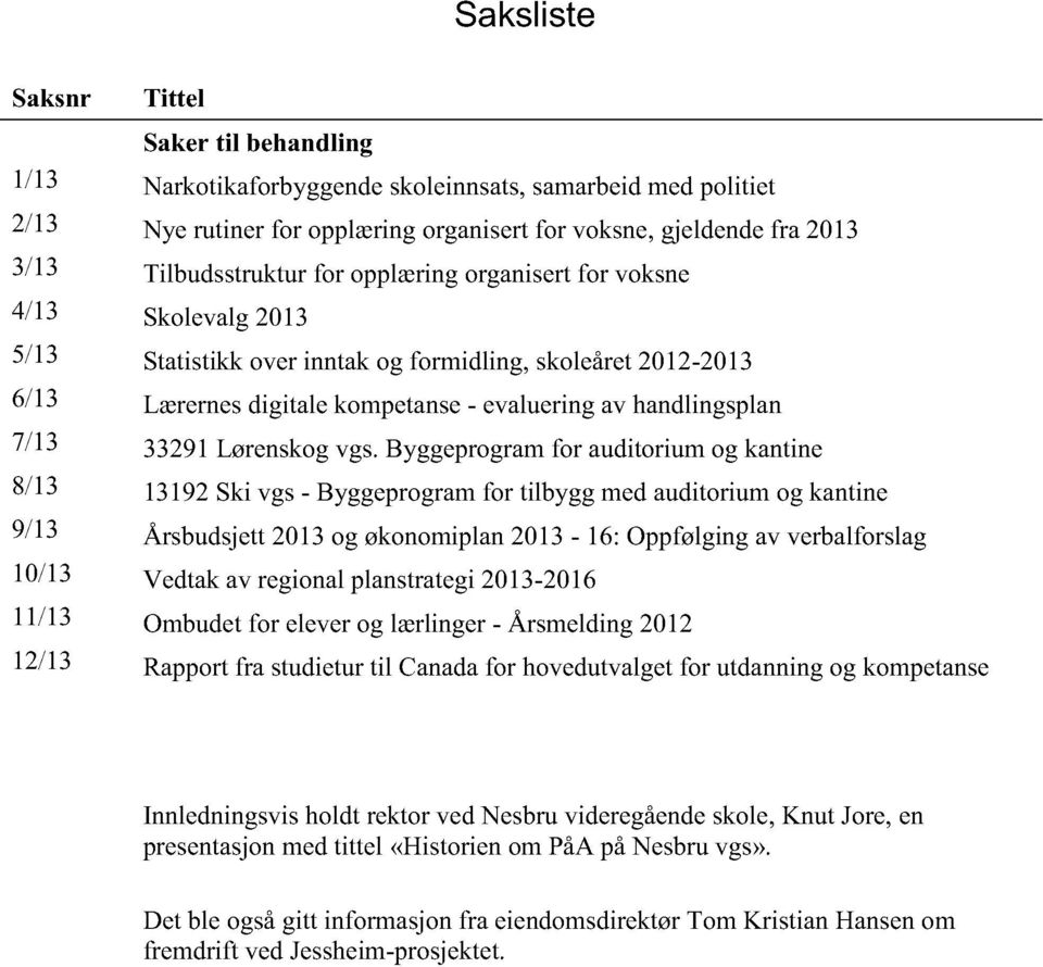 Byggeprogramfor auditoriumog kantine 8/13 13192Ski vgs- Byggeprogramfor tilbygg medauditoriumogkantine 9/13 Årsbudsjett2013og økonomiplan2013-16: Oppfølgingav verbalforslag 10/13 Vedtakav