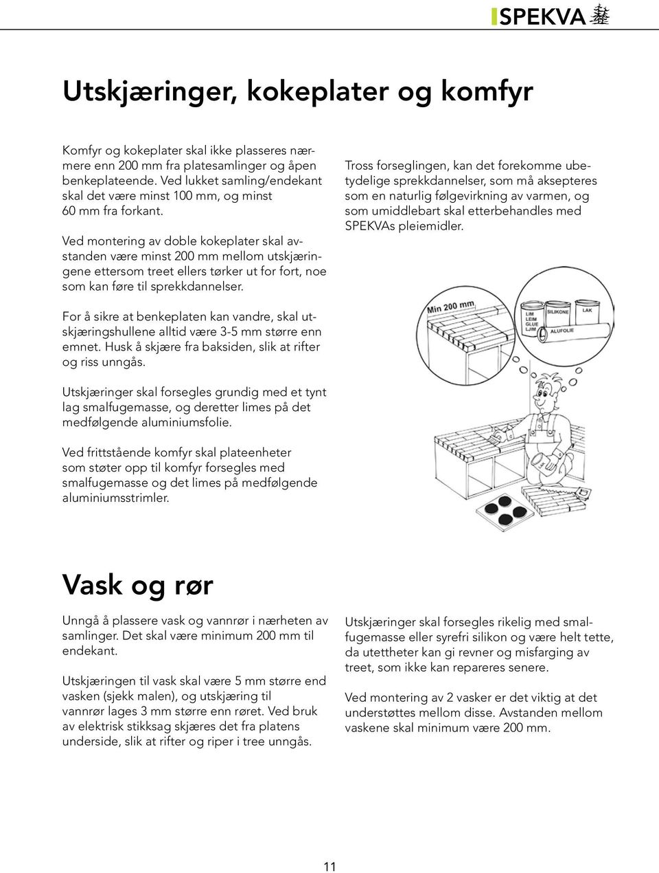 Ved montering av doble kokeplater skal avstanden være minst 200 mm mellom utskjæringene ettersom treet ellers tørker ut for fort, noe som kan føre til sprekkdannelser.