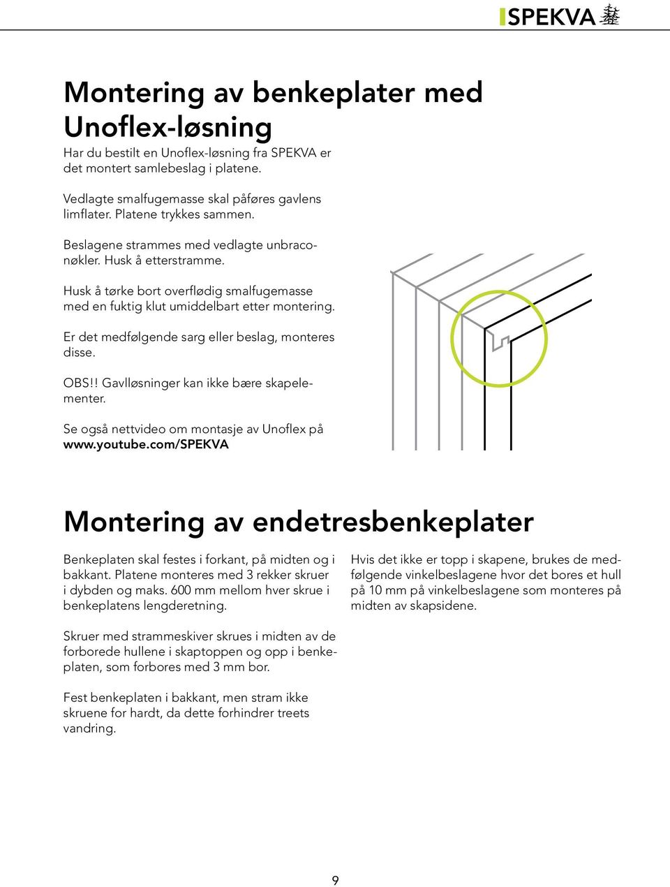 Er det medfølgende sarg eller beslag, monteres disse. OBS!! Gavlløsninger kan ikke bære skapelementer. Se også nettvideo om montasje av Unoflex på www.youtube.