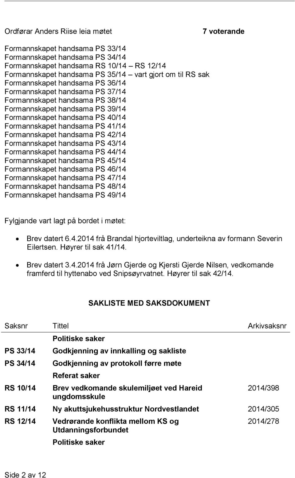 Formannskapet handsama PS 42/14 Formannskapet handsama PS 43/14 Formannskapet handsama PS 44/14 Formannskapet handsama PS 45/14 Formannskapet handsama PS 46/14 Formannskapet handsama PS 47/14