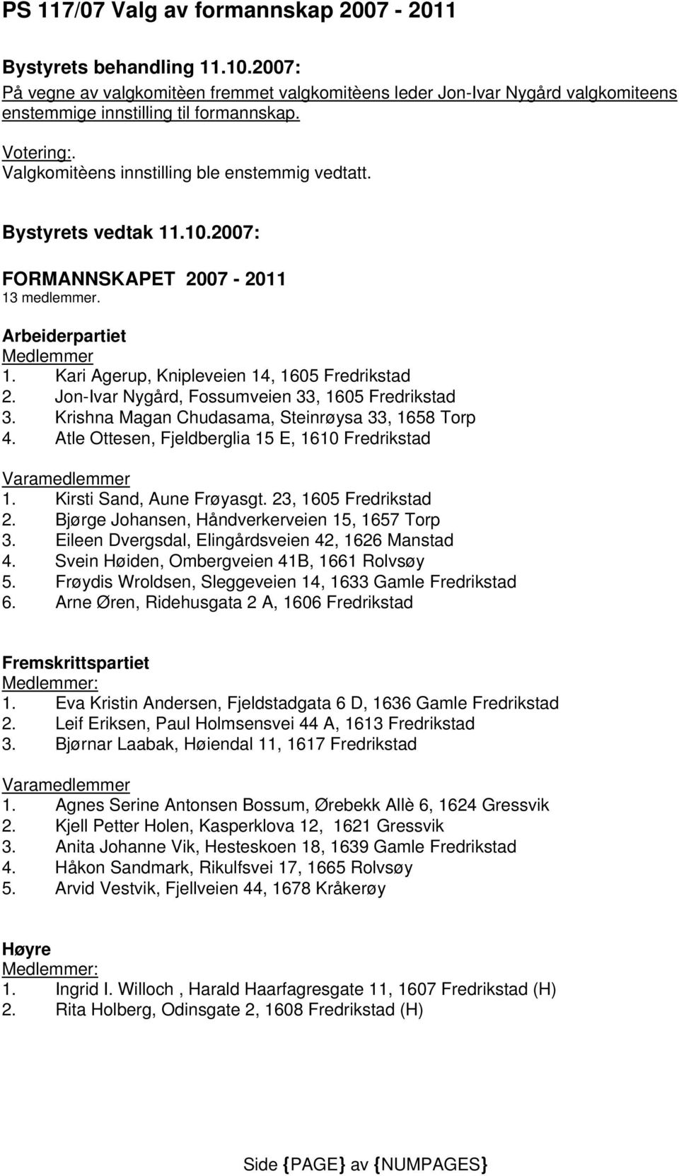 Jon-Ivar Nygård, Fossumveien 33, 1605 3. Krishna Magan Chudasama, Steinrøysa 33, 1658 Torp 4. Atle Ottesen, Fjeldberglia 15 E, 1610 1. Kirsti Sand, Aune Frøyasgt. 23, 1605 2.