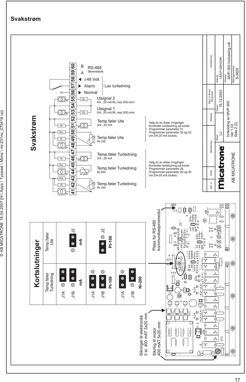 føler Turledning Ri Rm Ri Ri Rm Rm Ri J1A 41 42 43 44 45 46 47 48 49 50 51 52 53 54 55 56 57 58 59 60 J2 J1B + + B A ma ma RS-485 Strømsløyfe 48 Volt Alarm Normal Utsignal 2 0/4.