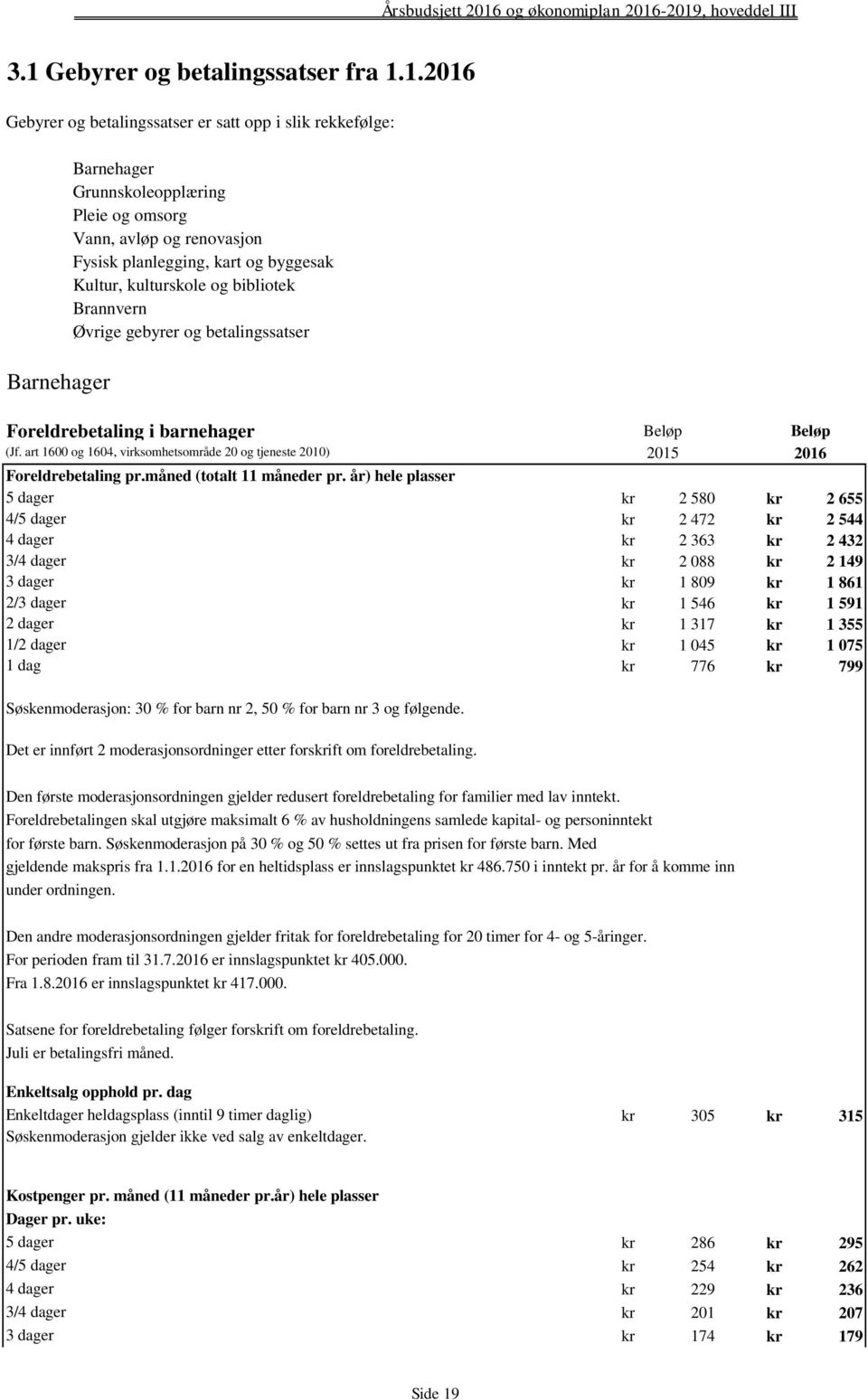 art 1600 og 1604, virksomhetsområde 20 og tjeneste 2010) 2015 2016 Foreldrebetaling pr.måned (totalt 11 måneder pr.