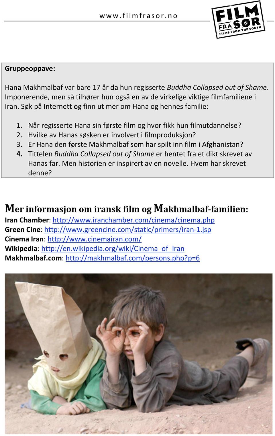 ErHanadenførsteMakhmalbafsomharspiltinnfilmiAfghanistan? 4. TittelenBuddhaCollapsedoutofShameerhentetfraetdiktskrevetav Hanasfar.Menhistorienerinspirertavennovelle.Hvemharskrevet denne?