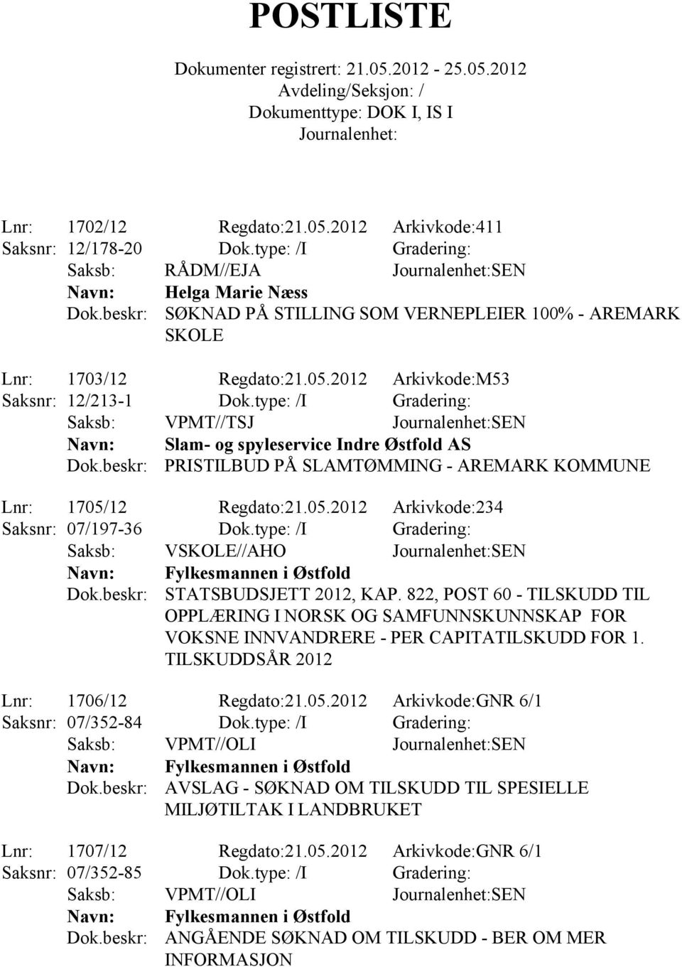 type: /I Gradering: Saksb: VPMT//TSJ SEN Slam- og spyleservice Indre Østfold AS PRISTILBUD PÅ SLAMTØMMING - AREMARK KOMMUNE Lnr: 1705/12 Regdato:21.05.2012 Arkivkode:234 Saksnr: 07/197-36 Dok.