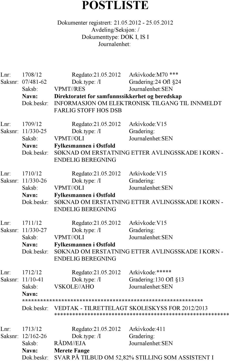 2012 Arkivkode:V15 Saksnr: 11/330-25 Dok.type: /I Gradering: Saksb: VPMT//OLI SEN SØKNAD OM ERSTATNING ETTER AVLINGSSKADE I KORN - ENDELIG BEREGNING Lnr: 1710/12 Regdato:21.05.