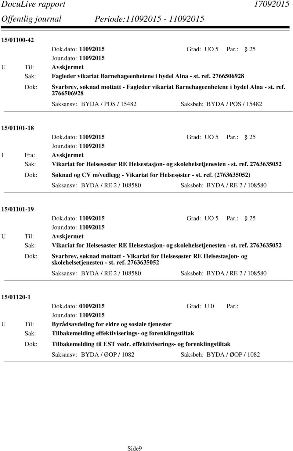 (2763635052) Saksansv: BYDA / RE 2 / 108580 Saksbeh: BYDA / RE 2 / 108580 15/01101-19 Sak: Vikariat for Helsesøster RE Helsestasjon- og skolehelsetjenesten - st. ref.