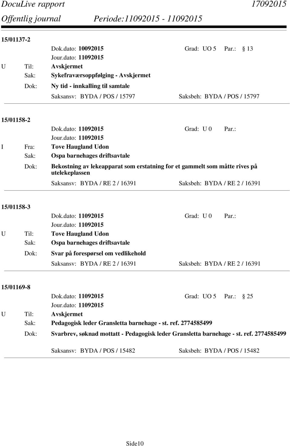 : I Fra: Tove Haugland Udon Sak: Ospa barnehages driftsavtale Bekostning av lekeapparat som erstatning for et gammelt som måtte rives på utelekeplassen Saksansv: BYDA / RE 2 / 16391 Saksbeh: BYDA /