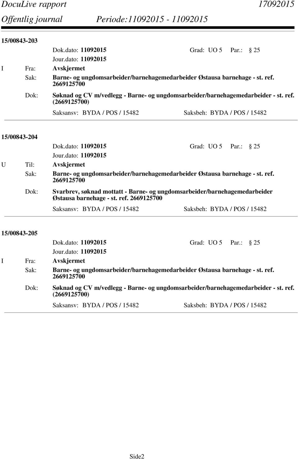 () 15/00843-204 Svarbrev, søknad mottatt - Barne- og