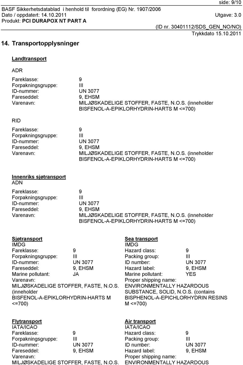 Varenavn: MILJØSKADELIGE STOFFER, FASTE, N.O.S. (inneholder BISFENOL-A-EPIKLORHYDRIN-HARTS M <=700) RID Fareklasse: 9 Forpakningsgruppe: III ID-nummer: UN 3077 Fareseddel: 9, EHSM Varenavn: MILJØSKADELIGE STOFFER, FASTE, N.