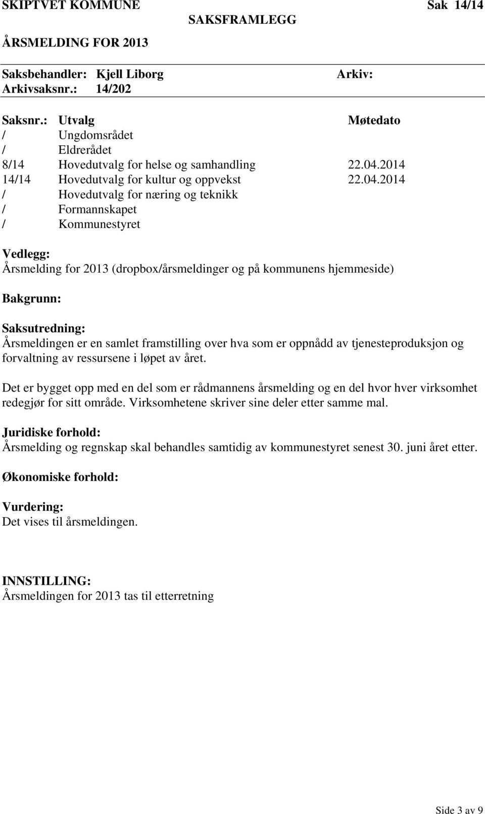 2014 14/14 Hovedutvalg for kultur og oppvekst 22.04.