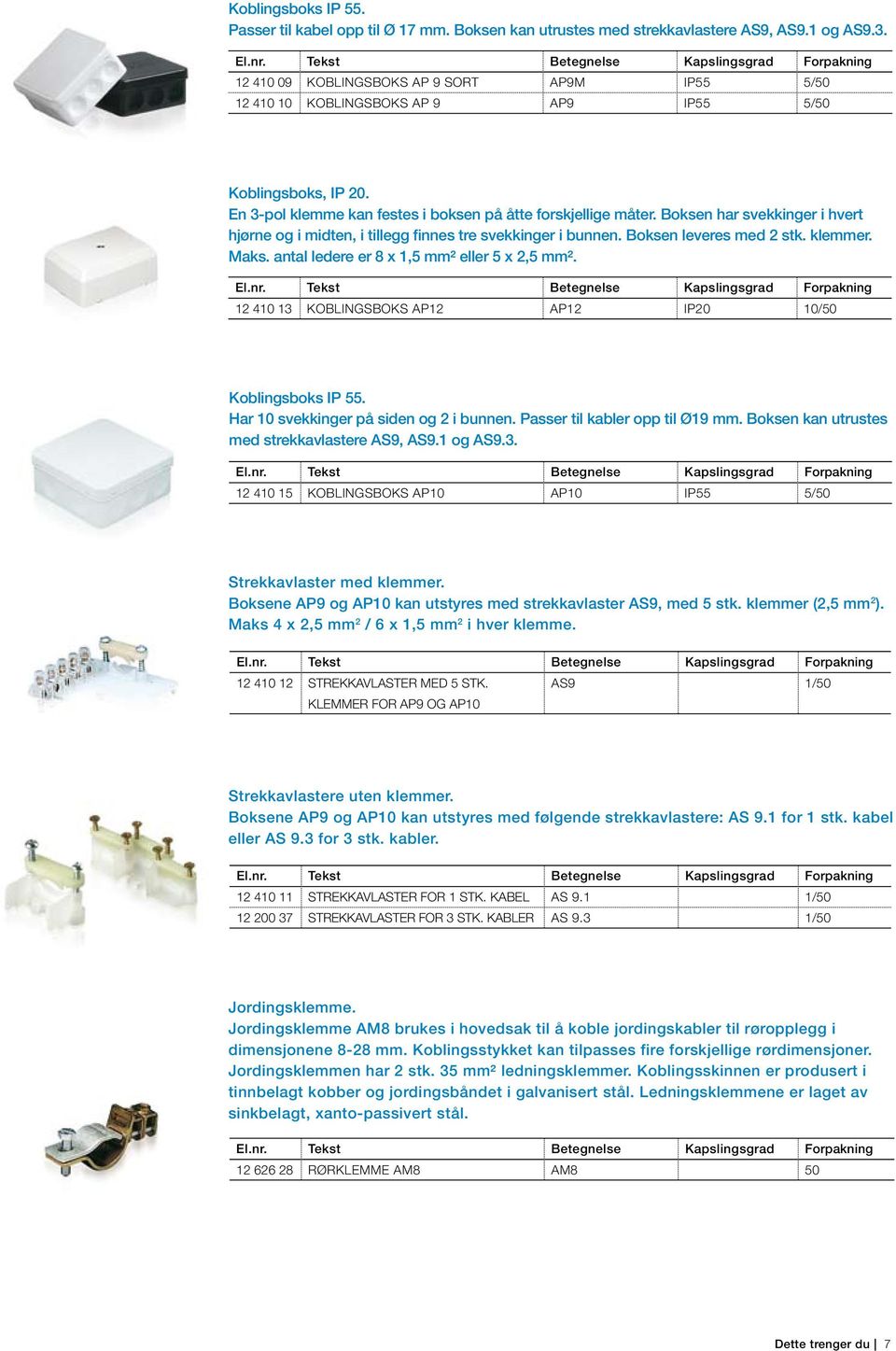 Boksen har svekkinger i hvert hjørne og i midten, i tillegg finnes tre svekkinger i bunnen. Boksen leveres med 2 stk. klemmer. Maks. antal ledere er 8 x 1,5 mm² eller 5 x 2,5 mm².