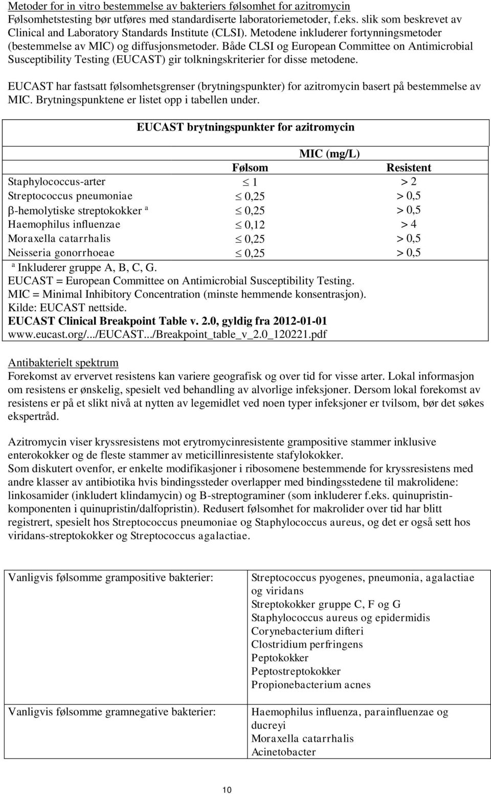 Både CLSI og European Committee on Antimicrobial Susceptibility Testing (EUCAST) gir tolkningskriterier for disse metodene.