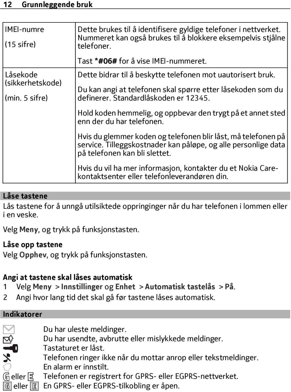 Du kan angi at telefonen skal spørre etter låsekoden som du definerer. Standardlåskoden er 12345. Hold koden hemmelig, og oppbevar den trygt på et annet sted enn der du har telefonen.