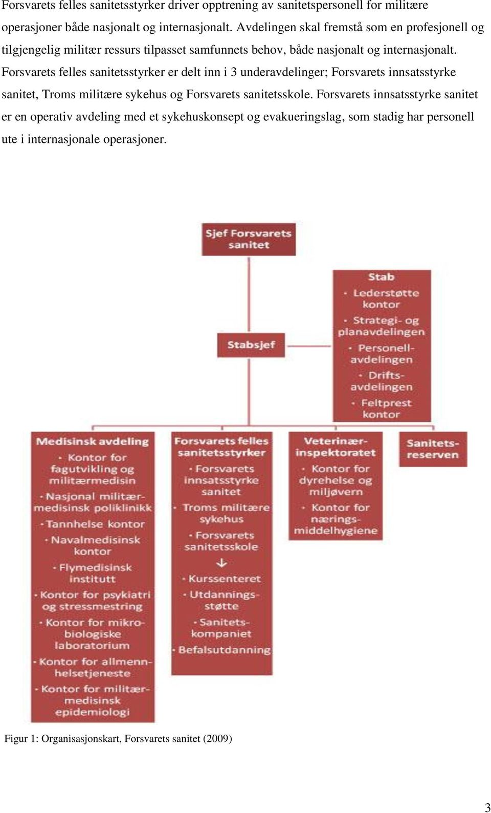 Forsvarets felles sanitetsstyrker er delt inn i 3 underavdelinger; Forsvarets innsatsstyrke sanitet, Troms militære sykehus og Forsvarets sanitetsskole.