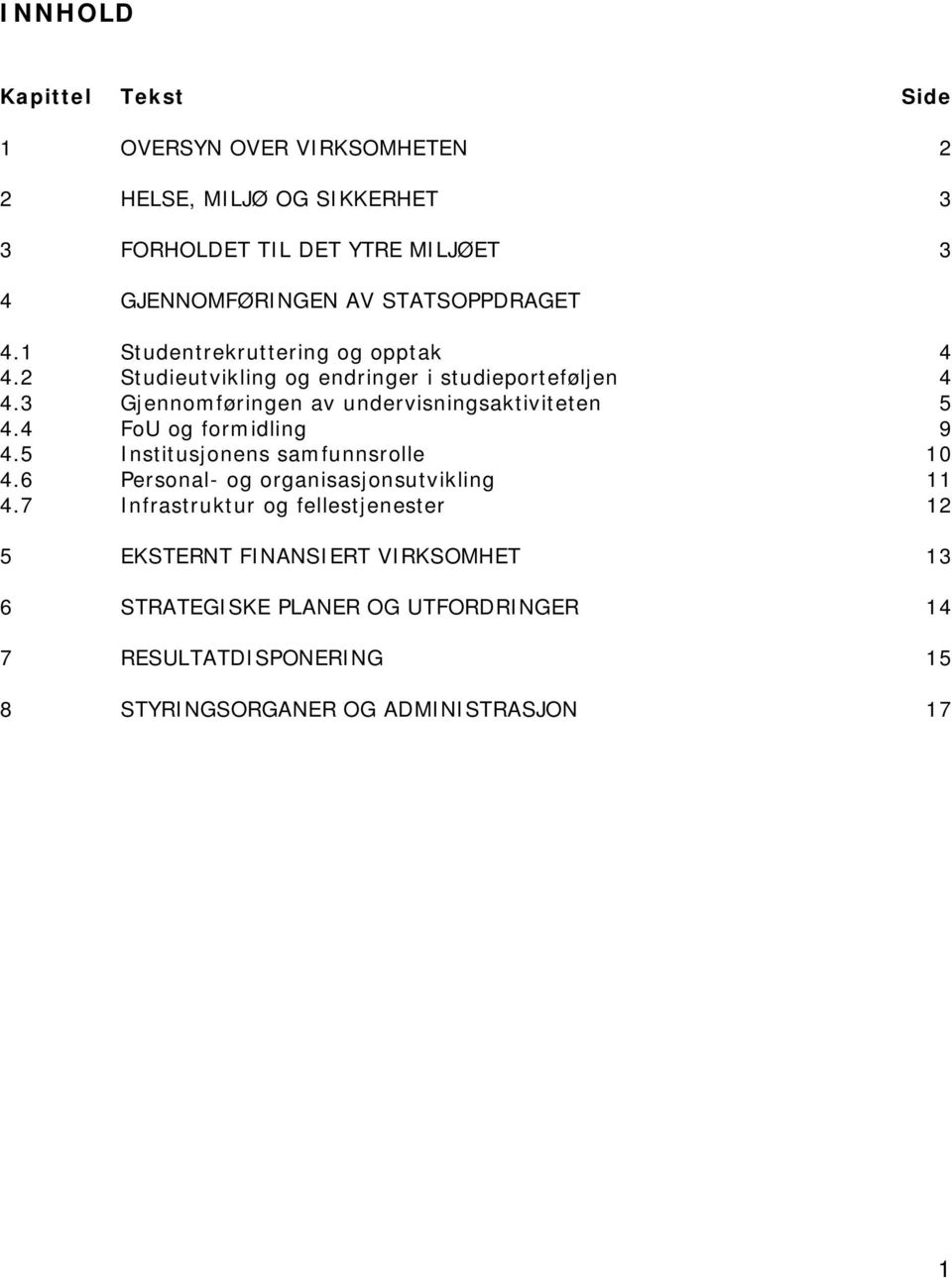 3 Gjennomføringen av undervisningsaktiviteten 5 4.4 FoU og formidling 9 4.5 Institusjonens samfunnsrolle 10 4.