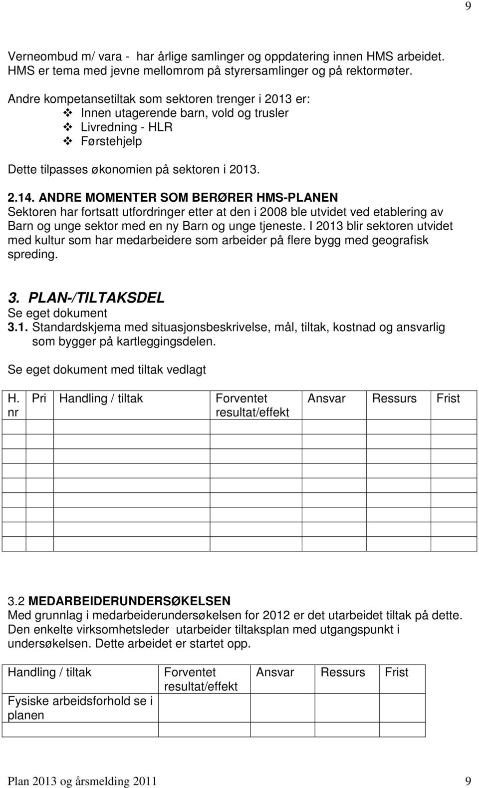 ANDRE MOMENTER SOM BERØRER HMS-PLANEN Sektoren har fortsatt utfordringer etter at den i 2008 ble utvidet ved etablering av Barn og unge sektor med en ny Barn og unge tjeneste.