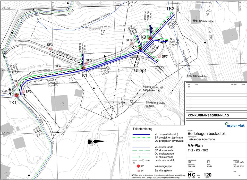 133 Stikkrenne under gangsti 00 Tekst: dato: KONKURRANSRUNNLAG O400 PVC V160 PVC S160 PVC Teiknforklaring K1 SF1 VL prosjektert (vatn) SP prosjektert (spillvatn) OV prosjektert (overvatn) VL