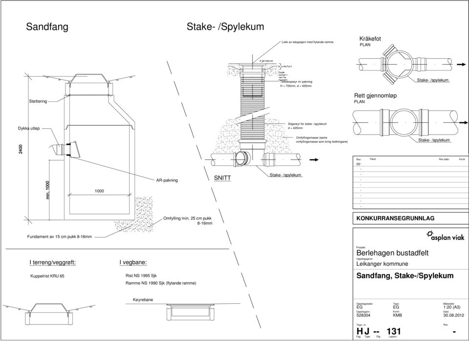 25 cm pukk 816mm KONKURRANSRUNNLAG Fundament av 15 cm pukk 816mm I terreng/veggrøft: Kuppelrist KRU 65 I vegbane: Rist NS 1995 Sjk Ramme NS 1990 Sjk (flytande ramme) Prosjekt: Berlehagen