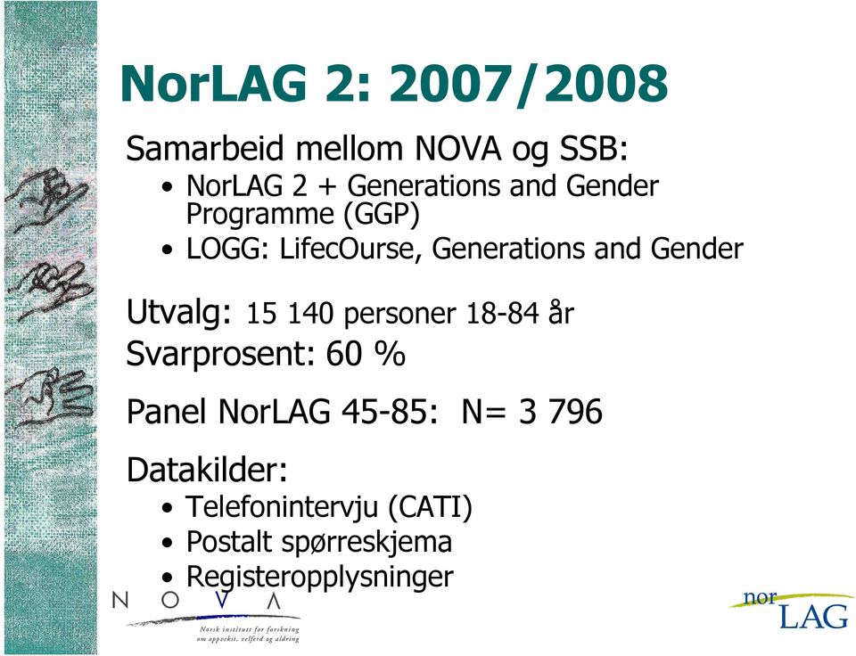 Utvalg: 15 140 personer 18-84 år Svarprosent: 60 % Panel NorLAG 45-85: N=