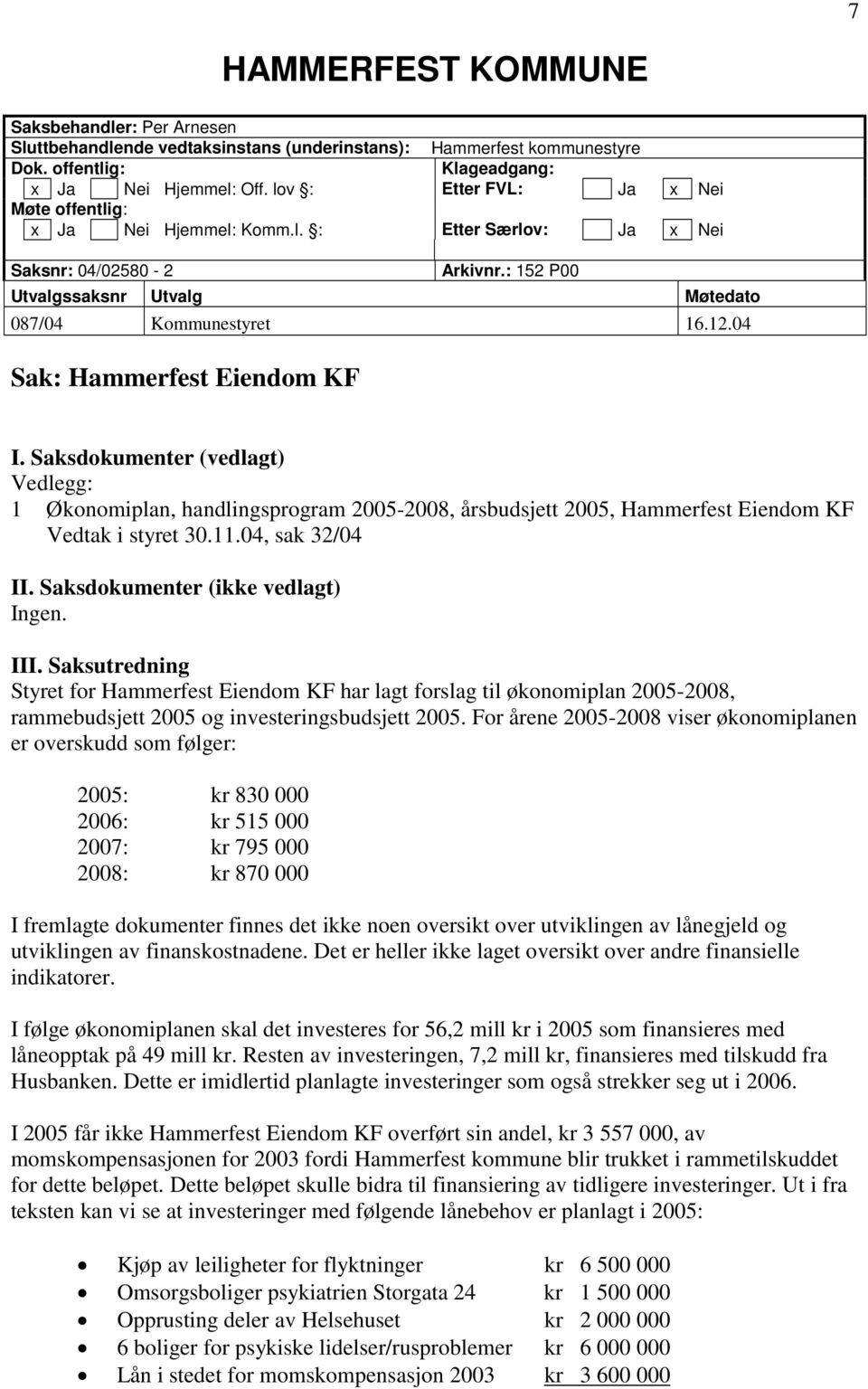04 Sak: Hammerfest Eiendom KF I. Saksdokumenter (vedlagt) Vedlegg: 1 Økonomiplan, handlingsprogram 2005-2008, årsbudsjett 2005, Hammerfest Eiendom KF Vedtak i styret 30.11.04, sak 32/04 II.