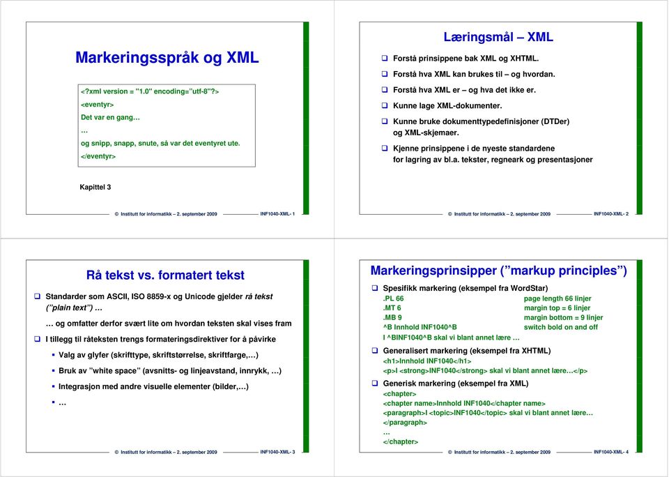 Kunne bruke dokumenttypedefinisjoner d i (DTDer) og XML-skjemaer. Kjenne prinsippene i id de nyeste standardene d for lagring av bl.a. tekster, regneark og presentasjoner Kapittel 3 INF1040-XML- 1 INF1040-XML- 2 Rå tekst vs.