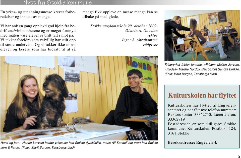 Og vi takker ikke minst elever og lærere som har bidratt til at så mange fikk oppleve en messe mange kan se tilbake på med glede. Stokke ungdomsskole 29. oktober 2002. Øistein A.