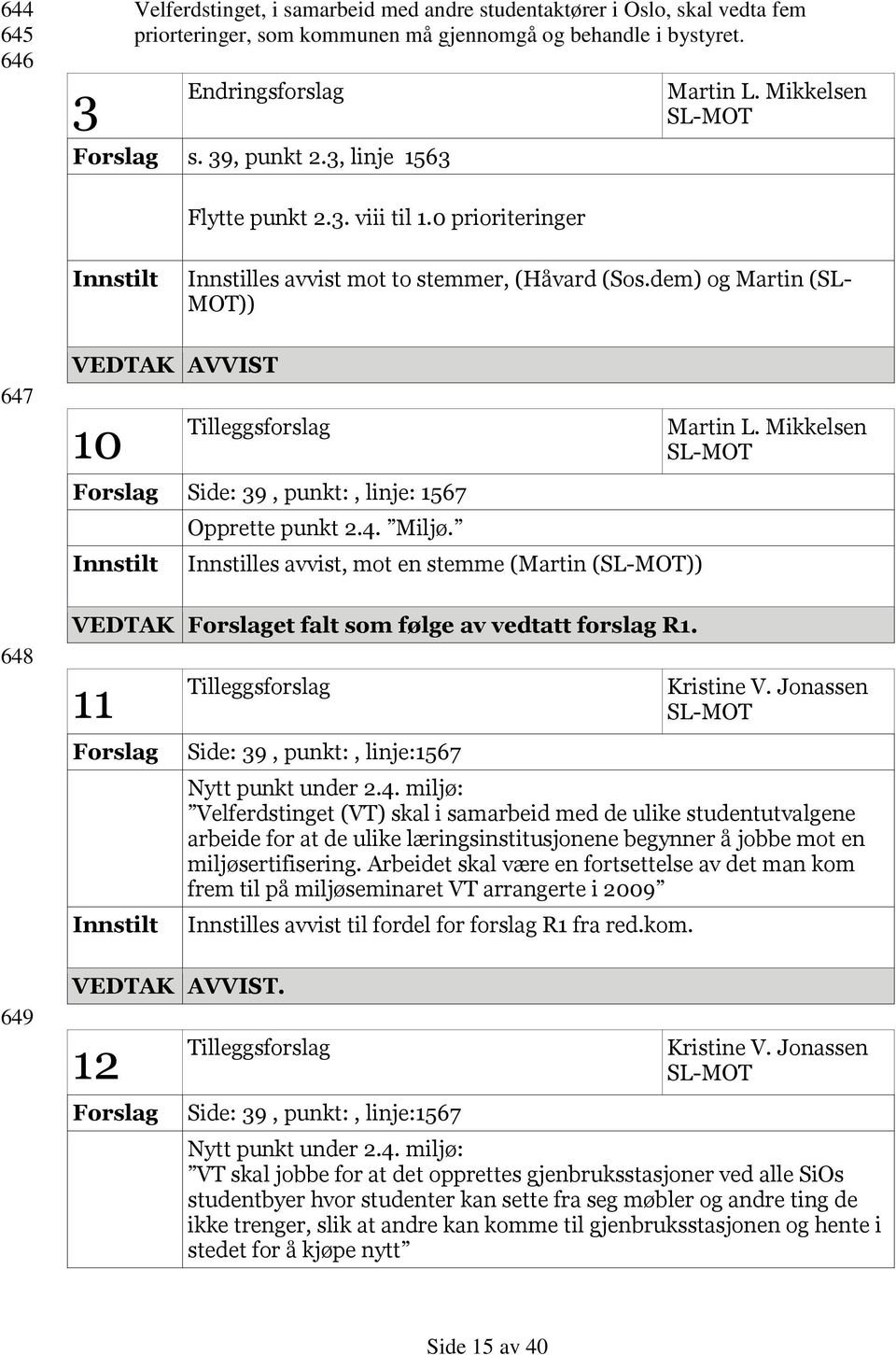 dem) og Martin (SL- MOT)) 647 648 649 VEDTAK AVVIST 10 Forslag Side: 39, punkt:, linje: 1567 Opprette punkt 2.4. Miljø.