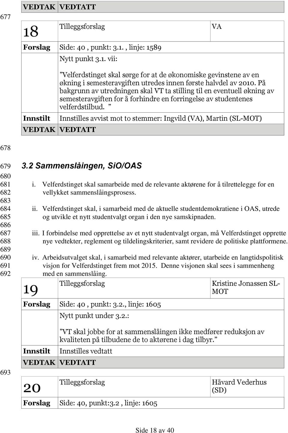 Innstilles avvist mot to stemmer: Ingvild (VA), Martin (SL-MOT) 678 679 680 681 682 683 684 685 686 687 688 689 690 691 692 693 3.2 Sammenslåingen, SiO/OAS 19 i.