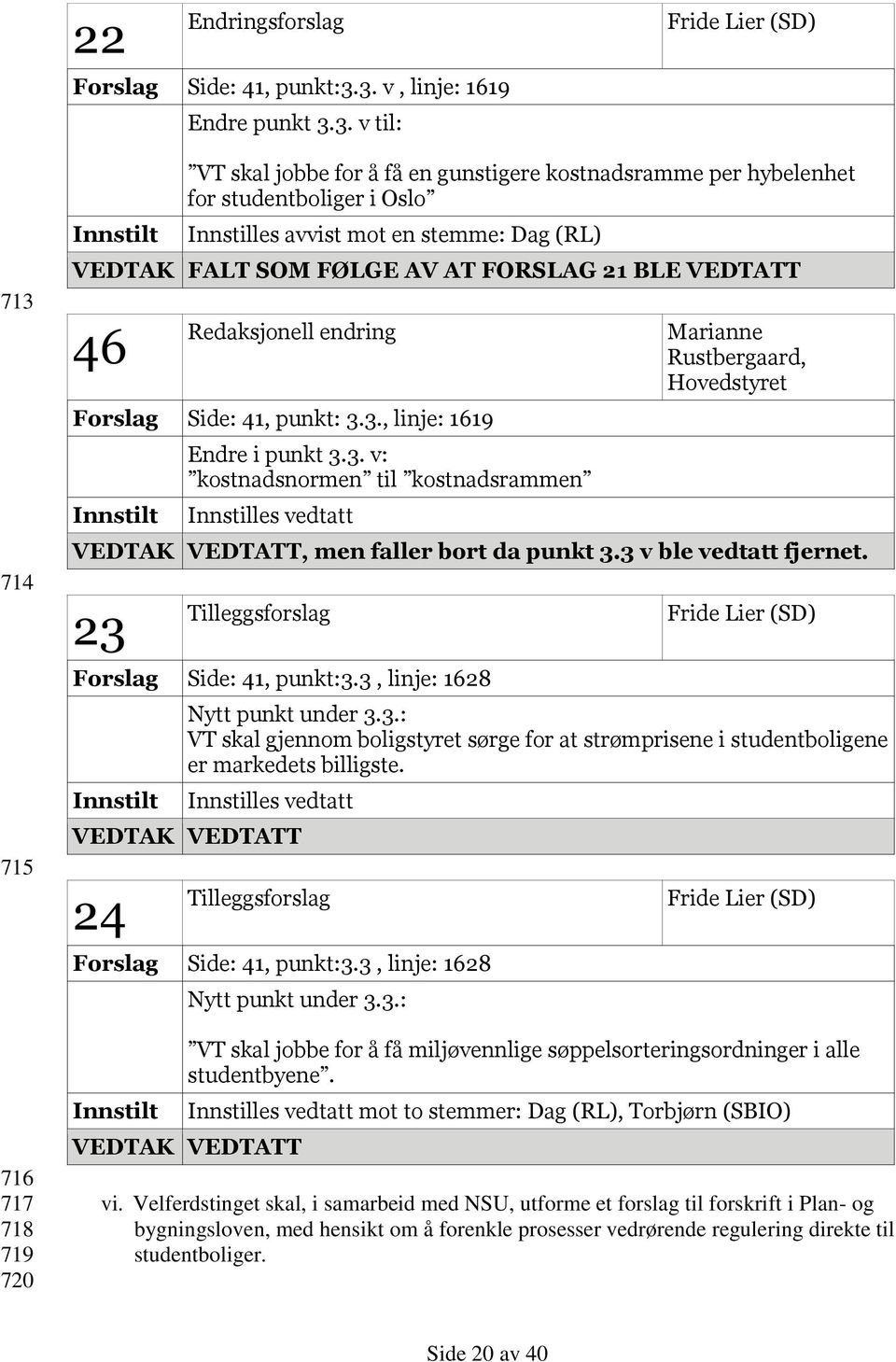 mot en stemme: Dag (RL) VEDTAK FALT SOM FØLGE AV AT FORSLAG 21 BLE VEDTATT 46 Redaksjonell endring Forslag Side: 41, punkt: 3.