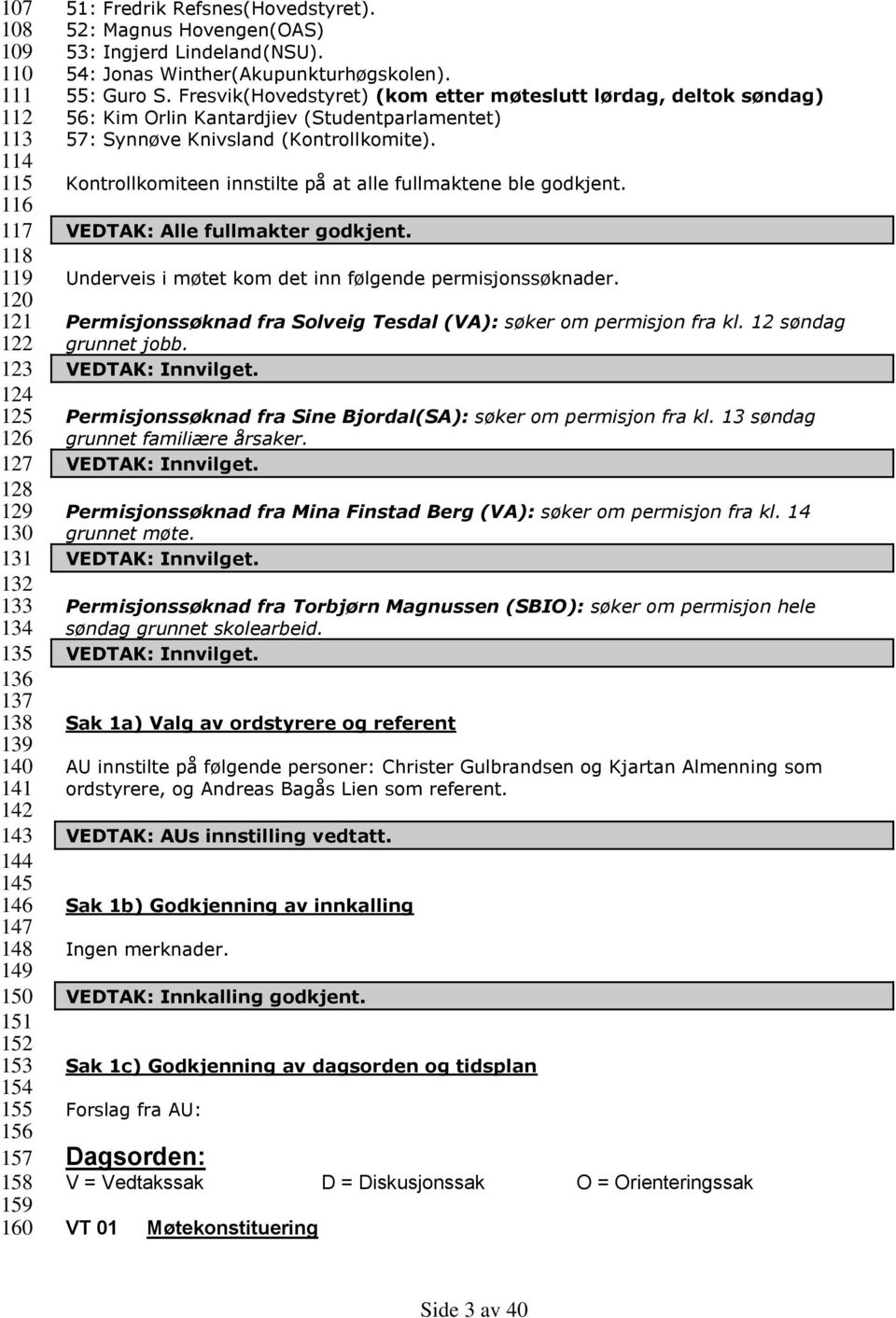 Fresvik(Hovedstyret) (kom etter møteslutt lørdag, deltok søndag) 56: Kim Orlin Kantardjiev (Studentparlamentet) 57: Synnøve Knivsland (Kontrollkomite).