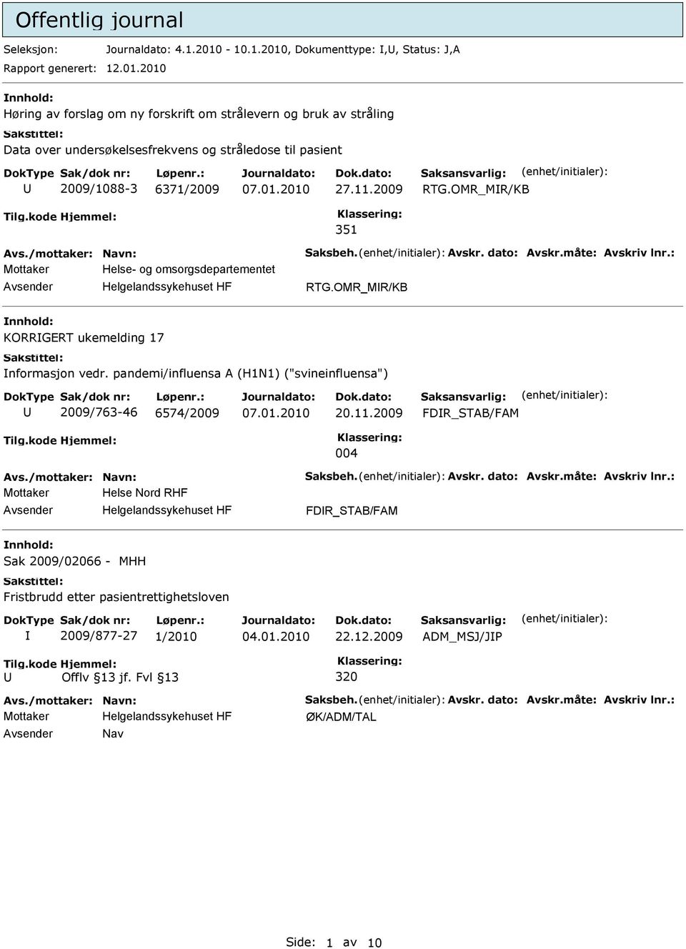 11.2009 RTG.OMR_MR/KB 351 Mottaker Helse- og omsorgsdepartementet RTG.OMR_MR/KB KORRGERT ukemelding 17 nformasjon vedr.