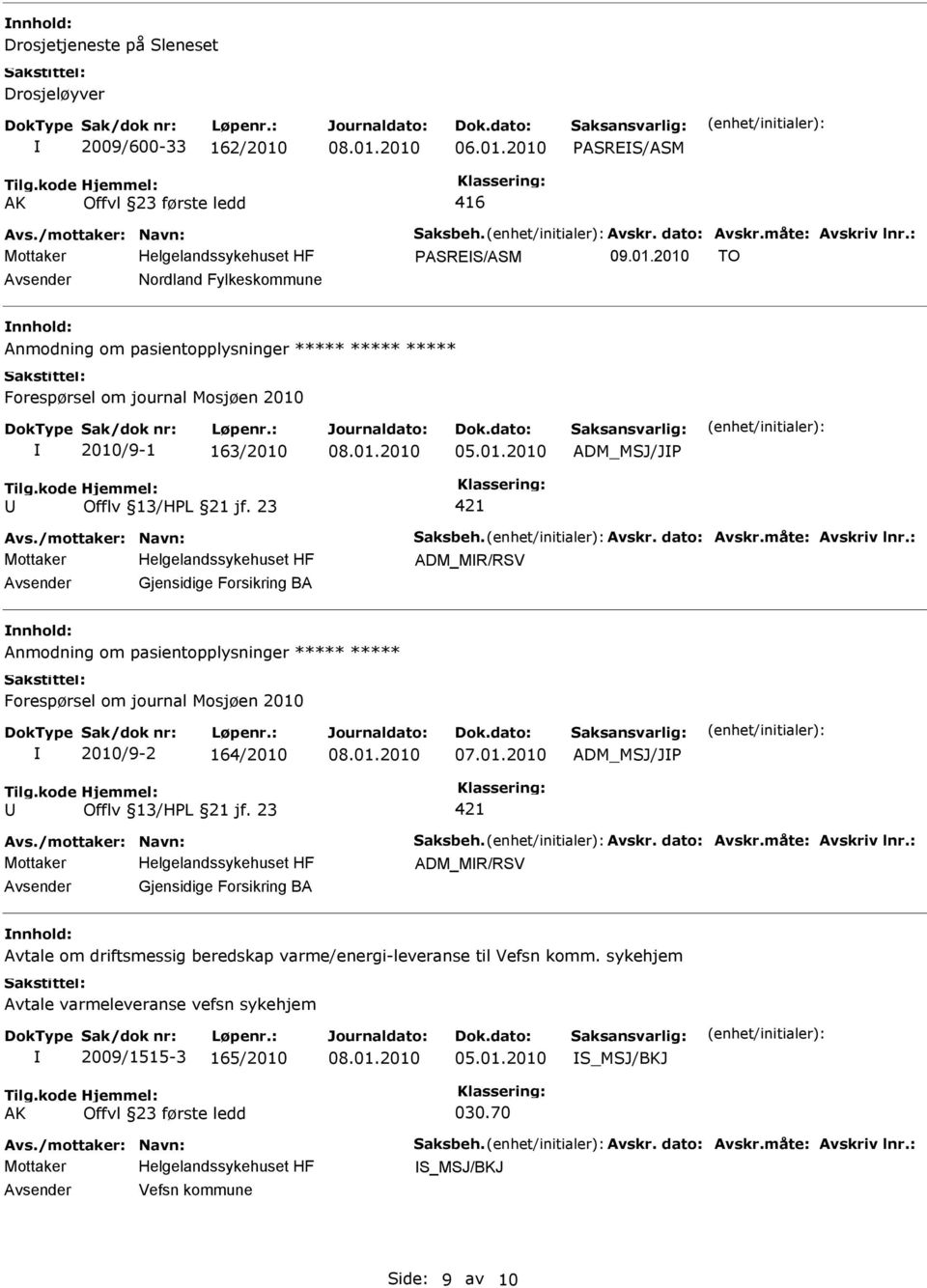 2010 TO Nordland Fylkeskommune Anmodning om pasientopplysninger ***** ***** ***** Forespørsel om journal Mosjøen 2010 2010/9-1 163/2010 ADM_MSJ/JP Offlv 13/HPL 21 jf.