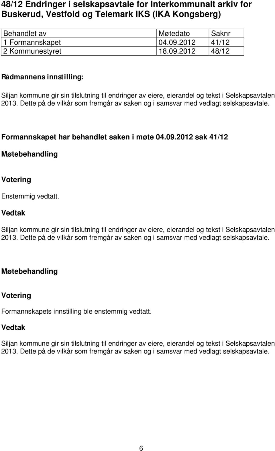 Dette på de vilkår som fremgår av saken og i samsvar med vedlagt selskapsavtale. Formannskapet har behandlet saken i møte 04.09.2012 sak 41/12 Møtebehandling Votering Enstemmig vedtatt.