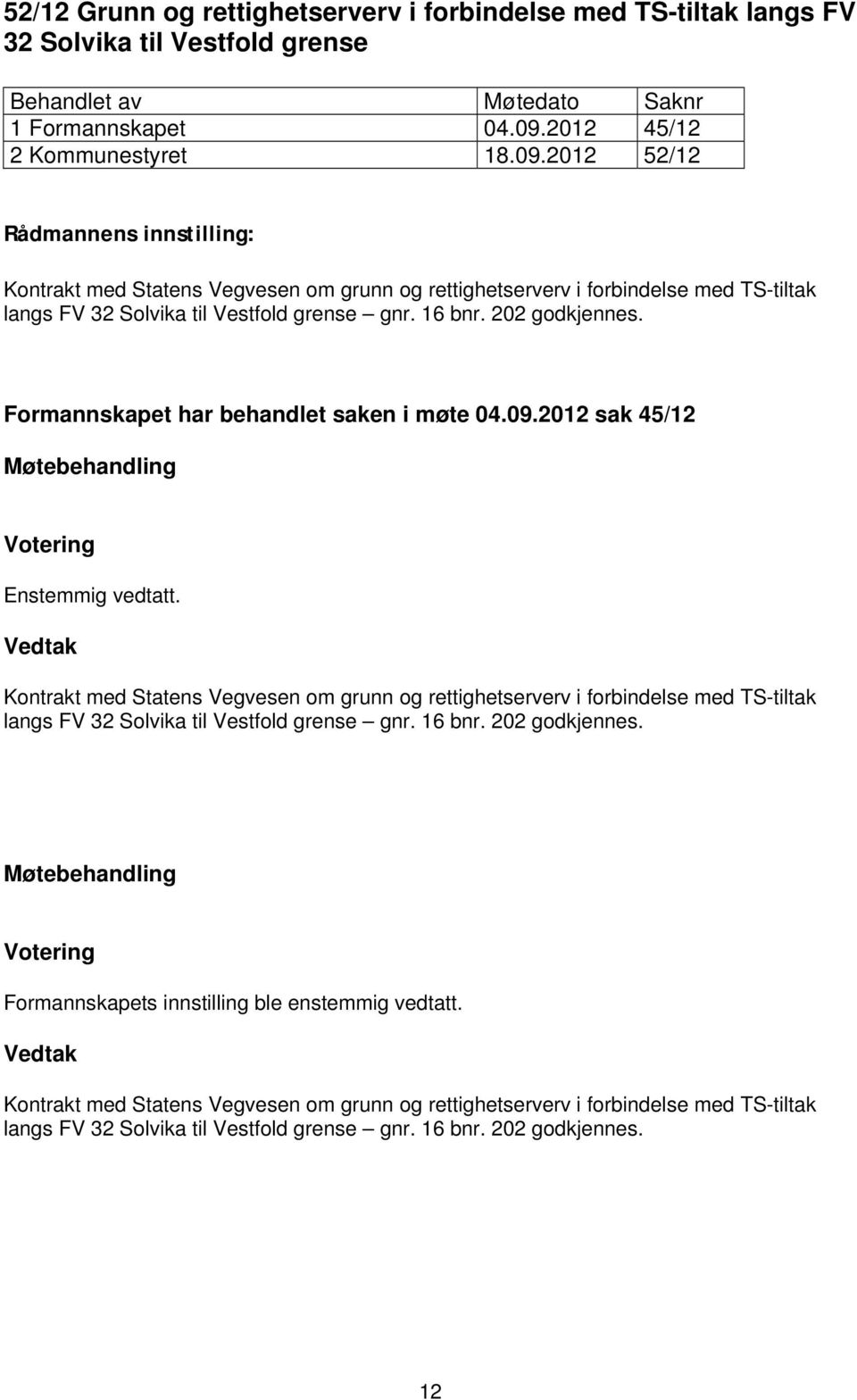 16 bnr. 202 godkjennes. Formannskapet har behandlet saken i møte 04.09.2012 sak 45/12 Møtebehandling Votering Enstemmig vedtatt.