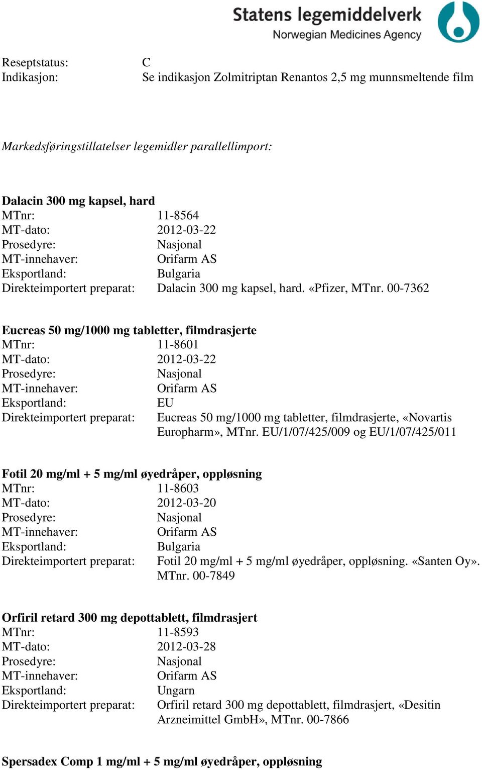 00-7362 Eucreas 50 mg/1000 mg tabletter, filmdrasjerte MTnr: 11-8601 MT-dato: 2012-03-22 Nasjonal Orifarm AS Eksportland: Direkteimportert preparat: EU Eucreas 50 mg/1000 mg tabletter, filmdrasjerte,