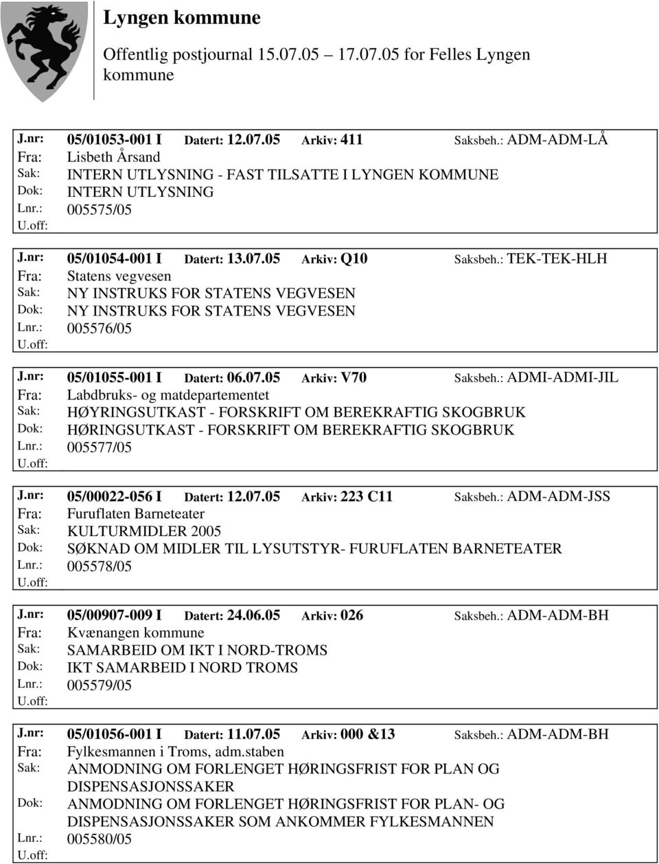 nr: 05/01055-001 I Datert: 06.07.05 Arkiv: V70 Saksbeh.