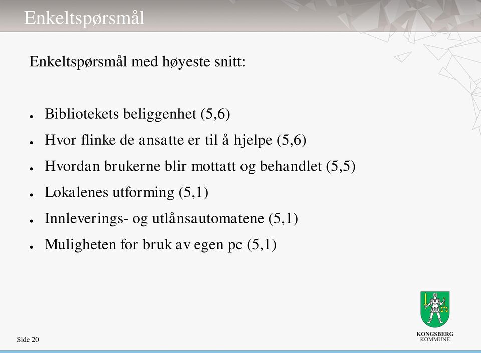 brukerne blir mottatt og behandlet (5,5) Lokalenes utforming (5,1)