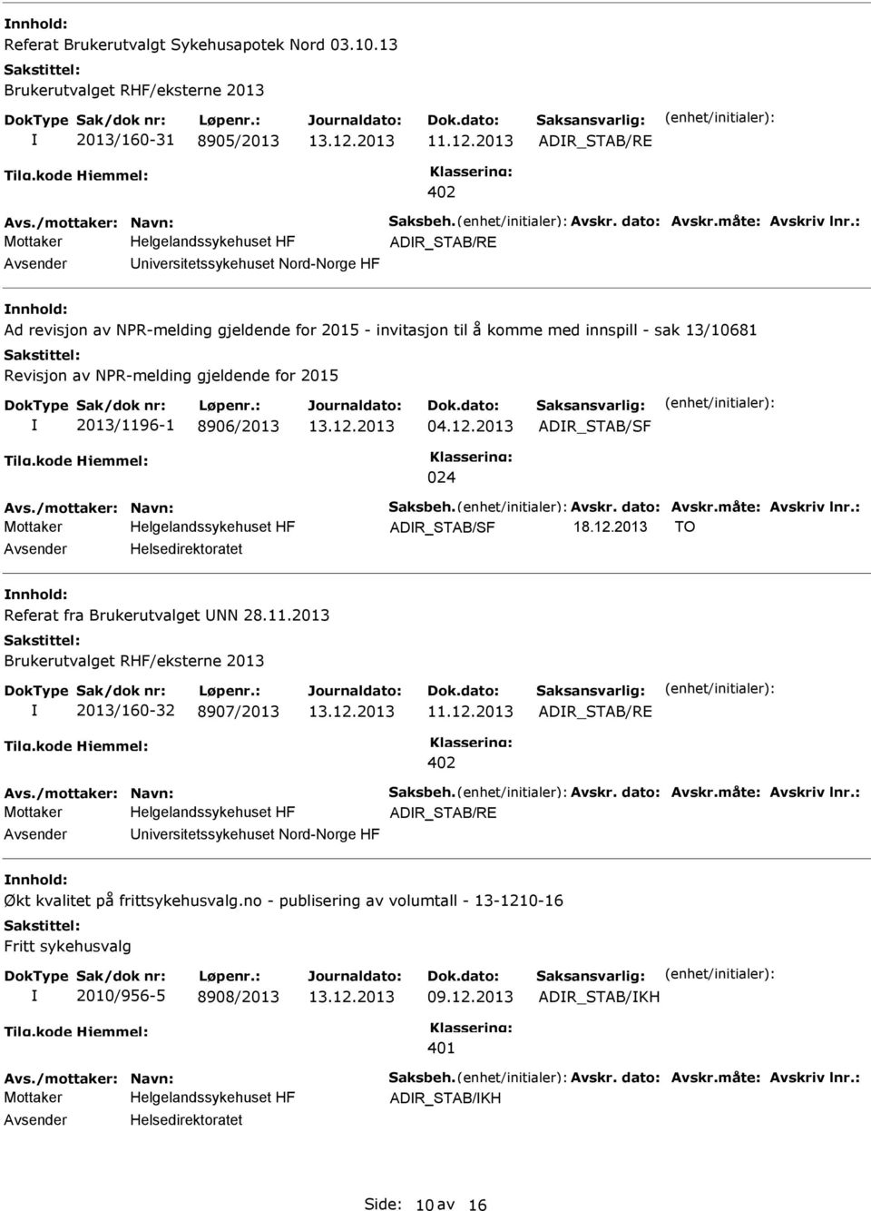 for 2015 2013/1196-1 8906/2013 04.12.2013 ADR_STAB/SF 024 Avs./mottaker: Navn: Saksbeh. Avskr. dato: Avskr.måte: Avskriv lnr.: ADR_STAB/SF 18.12.2013 TO Avsender Helsedirektoratet nnhold: Referat fra Brukerutvalget NN 28.