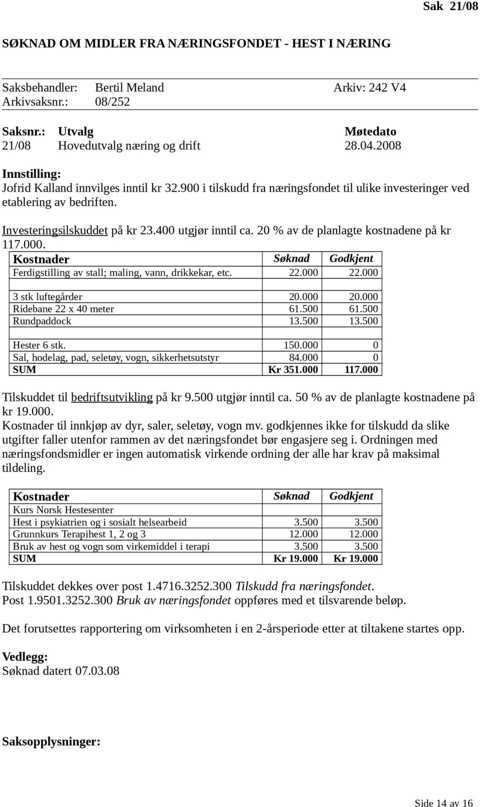 20 % av de planlagte kostnadene på kr 117.000. Kostnader Søknad Godkjent Ferdigstilling av stall; maling, vann, drikkekar, etc. 22.000 22.000 3 stk luftegårder 20.000 20.000 Ridebane 22 x 40 meter 61.