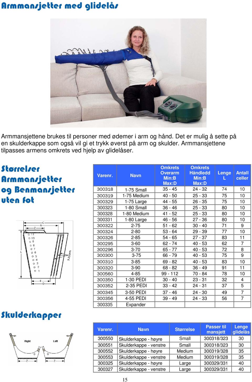 Navn Omkrets Overarm Min:B Max:D Omkrets Håndledd Min:B Max:D Lenge L 300318 1-75 Small 35-45 24-32 74 300319 1-75 Medium 40-50 25-33 75 300329 1-75 Large 44-55 26-35 75 300323 1-80 Small 36-46 25-33