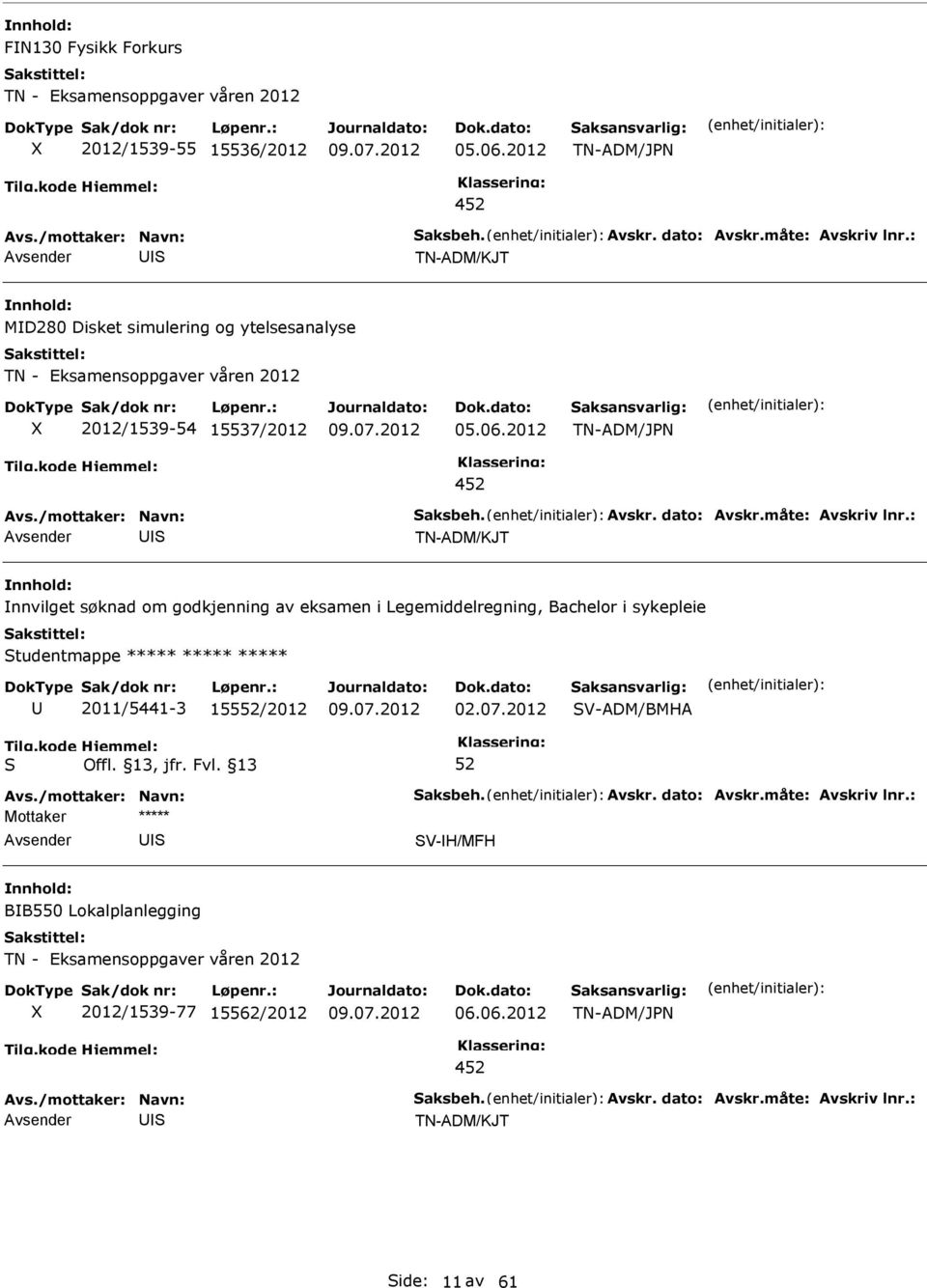 2012 4 TN-ADM/KJT nnvilget søknad om godkjenning av eksamen i Legemiddelregning, Bachelor i sykepleie tudentmappe ***** *****