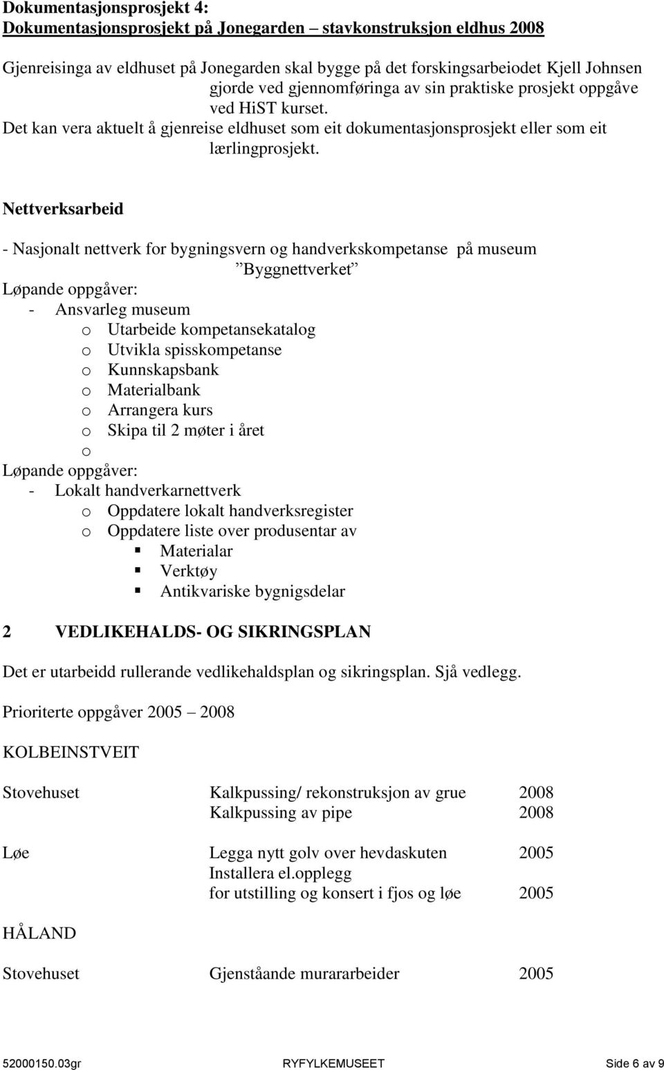 Nettverksarbeid - Nasjonalt nettverk for bygningsvern og handverkskompetanse på museum Byggnettverket Løpande oppgåver: - Ansvarleg museum o Utarbeide kompetansekatalog o Utvikla spisskompetanse o