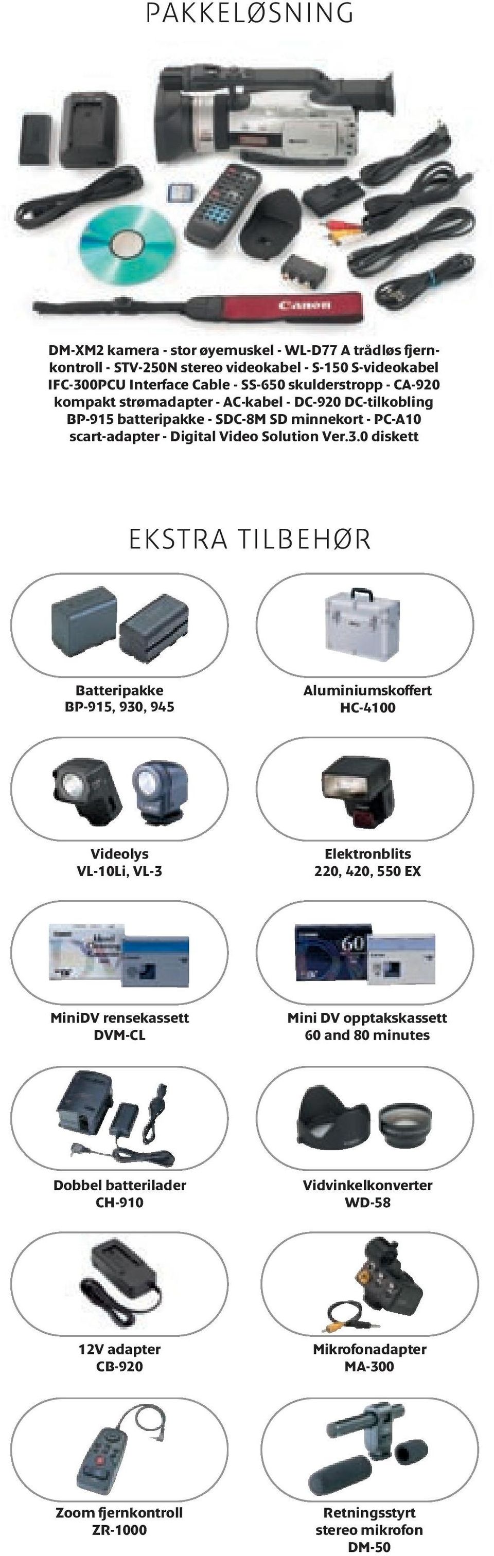 0 diskett EKSTRA TILBEHØR Batteripakke BP-915, 930, 945 Aluminiumskoffert HC-4100 Videolys VL-10Li, VL-3 Elektronblits 220, 420, 550 EX MiniDV rensekassett DVM-CL Mini DV