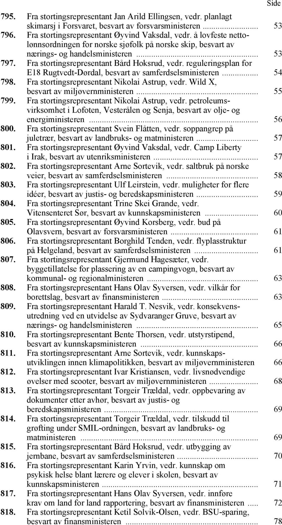 reguleringsplan for E18 Rugtvedt-Dørdal, besvart av samferdselsministeren... 54 798. Fra stortingsrepresentant Nikolai Astrup, vedr. Wild X, besvart av miljøvernministeren... 55 799.