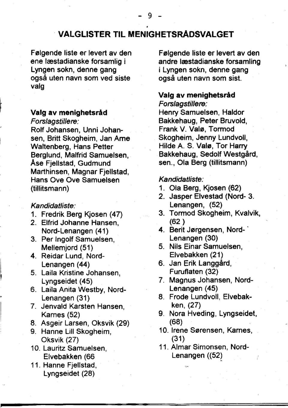 Kandidatliste: 1. Fredrik Berg Kjosen (47) 2. Elfrid Johanne Hansen, Nord-Lenangen (41) 3. Per Ingolf Samuelsen, Mellemjord (51) 4. Reidar Lund, Nord Lenangen (44) 5.