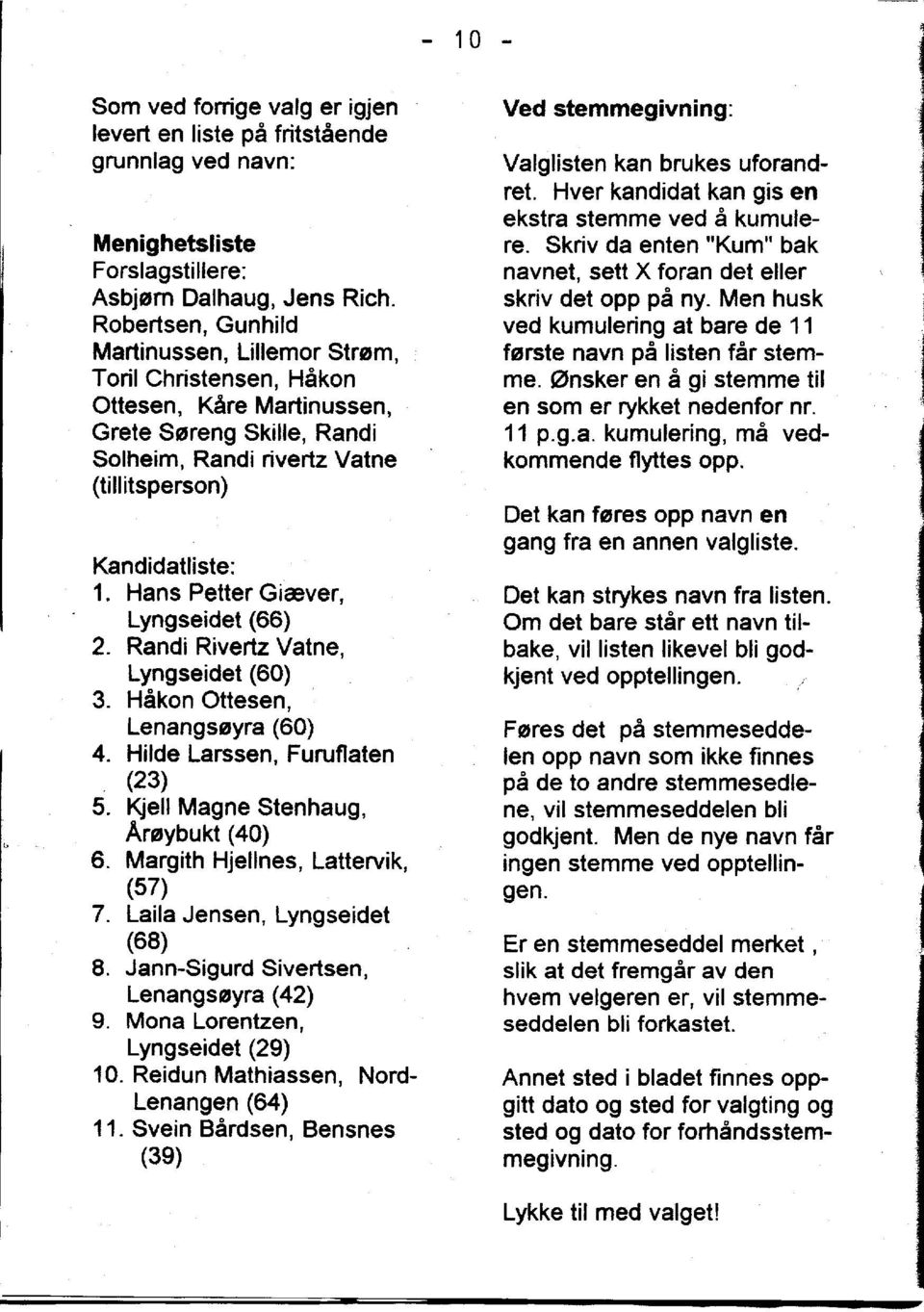 Hans Petter Gicever, Lyngseidet (66) 2. Randi Rivertz Vatne, Lyngseidet (60) 3. Hakon Ottesen, Lenangseyra (60) 4. Hilde Larssen, Furuflaten (23) 5. Kjell Magne Stenhaug, Areybukt (40) 6.