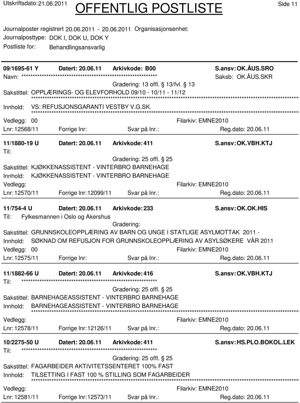 ansv: OK.VBH.KTJ Til: 25 offl. 25 Sakstittel: KJØKKENASSISTENT - VINTERBRO BARNEHAGE Innhold: KJØKKENASSISTENT - VINTERBRO BARNEHAGE Lnr: 12570/11 Forrige lnr:12099/11 Svar på lnr.